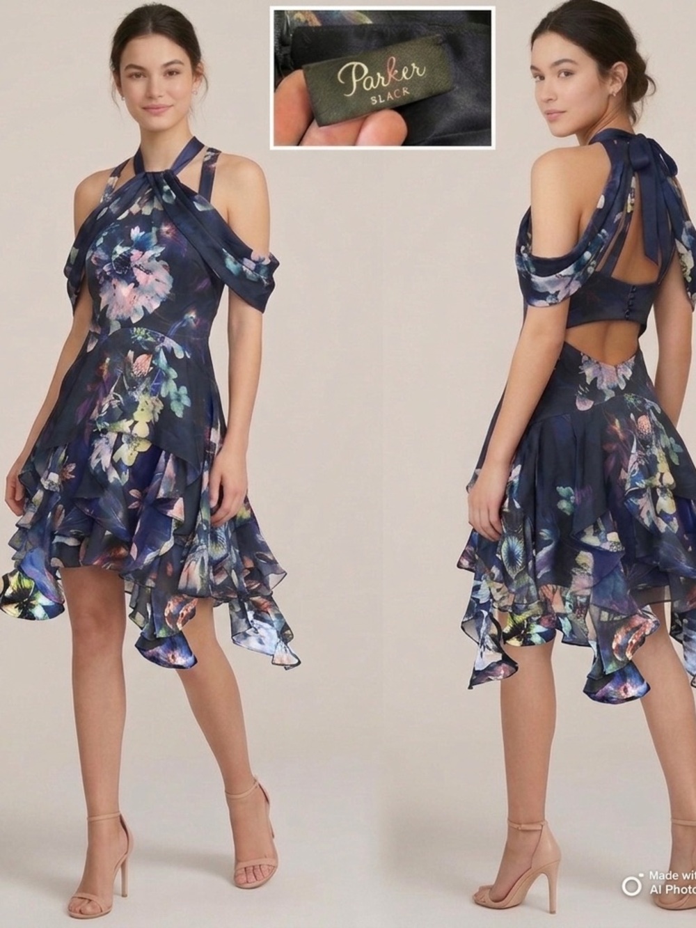 Parker Black Floral Ruffle Silk Cocktail Dress Navy NWOT S
